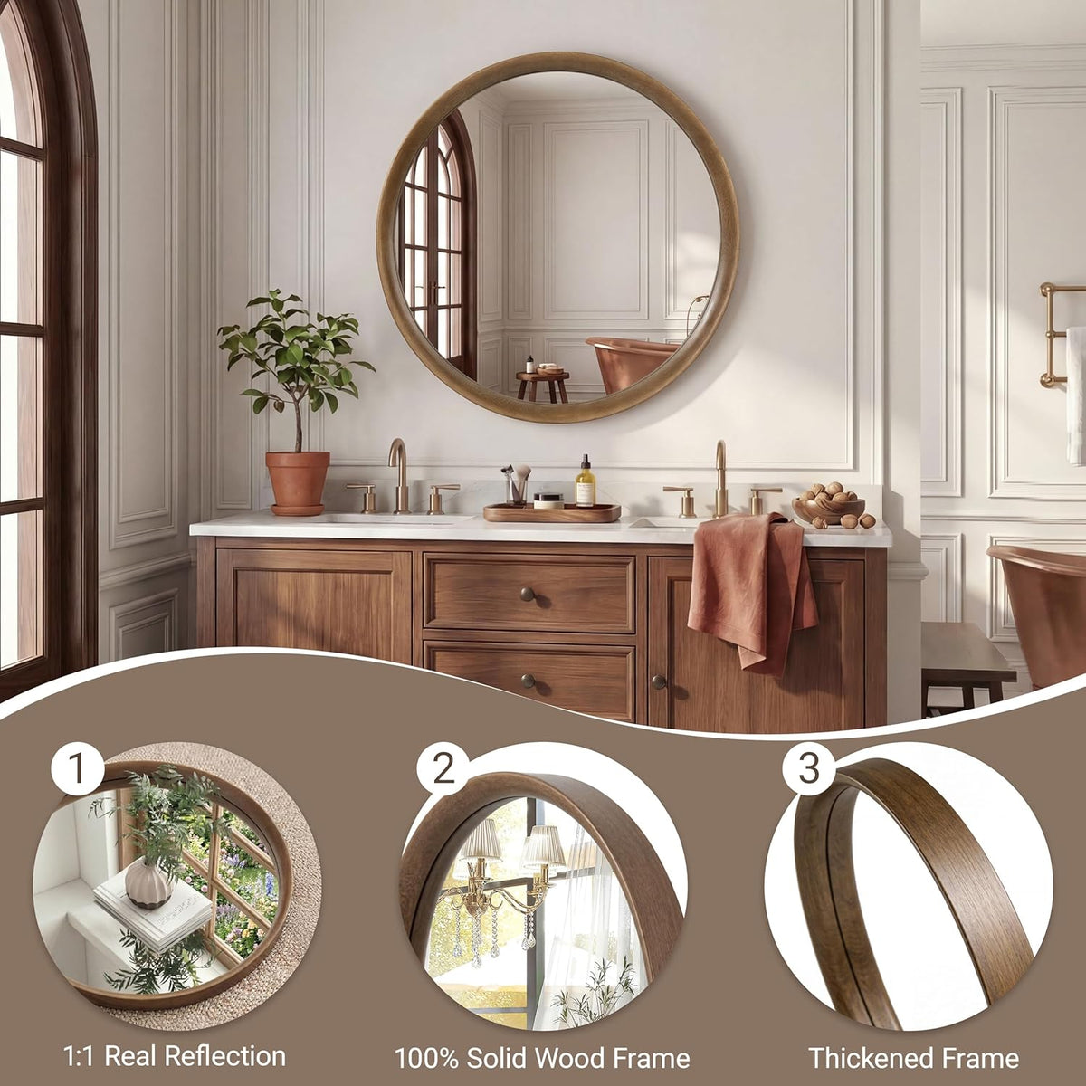 Brakki Round Wall Mirror with Wood Frame, 36" Circle Mirror for Bathroom