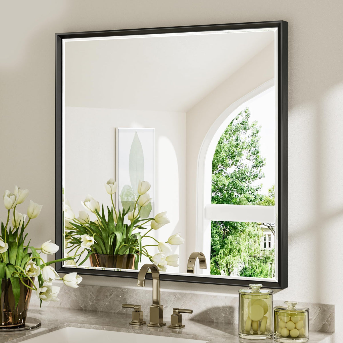 Brushed Nickel Bathroom Mirror, 24x32 Inch Beveled Framed Bathroom Mirror Anti-Rust, Brushed Nickel Metal Frame Bathroom Vanity Mirror for Wall, Vertical/Horizontal Wall-Mounted Mirrors