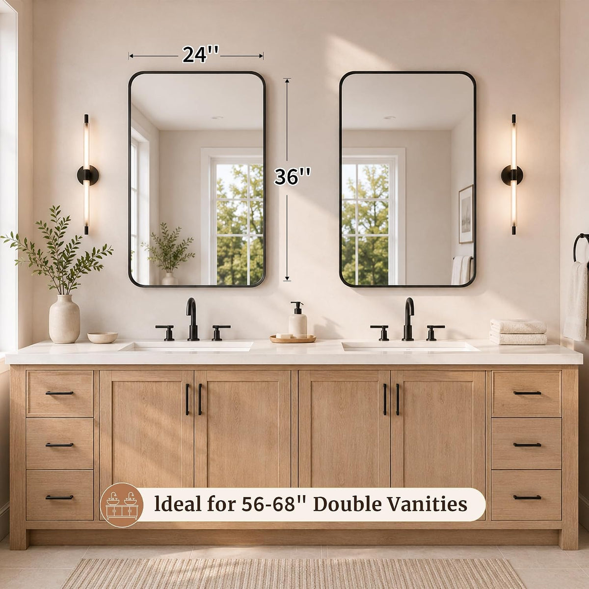 2-Pack 24x36 Inch Matte Black Rounded Rectangle Vanity Mirrors