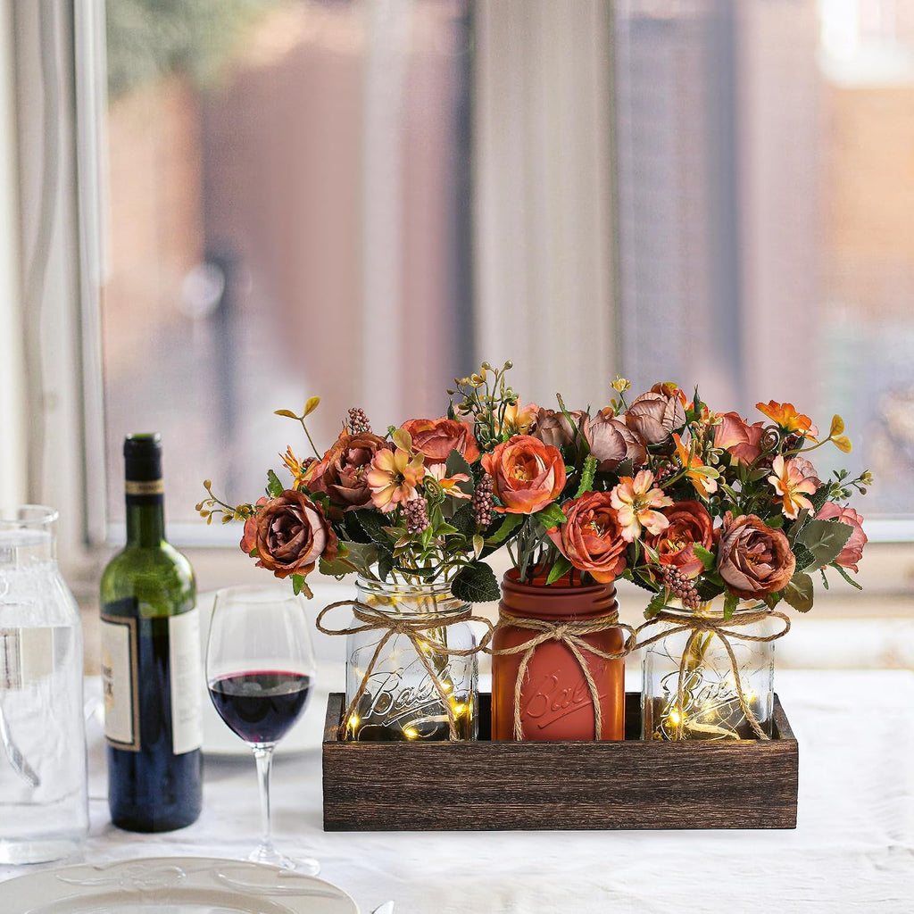 3 Pcs Mason Jar Centerpiece Table Decorations for Dining Table Decor Farmhouse Coffee Table Decor with Wood Tray and Led Light Table Centerpieces for Dining room Kitchen Living Bathroom,Orange