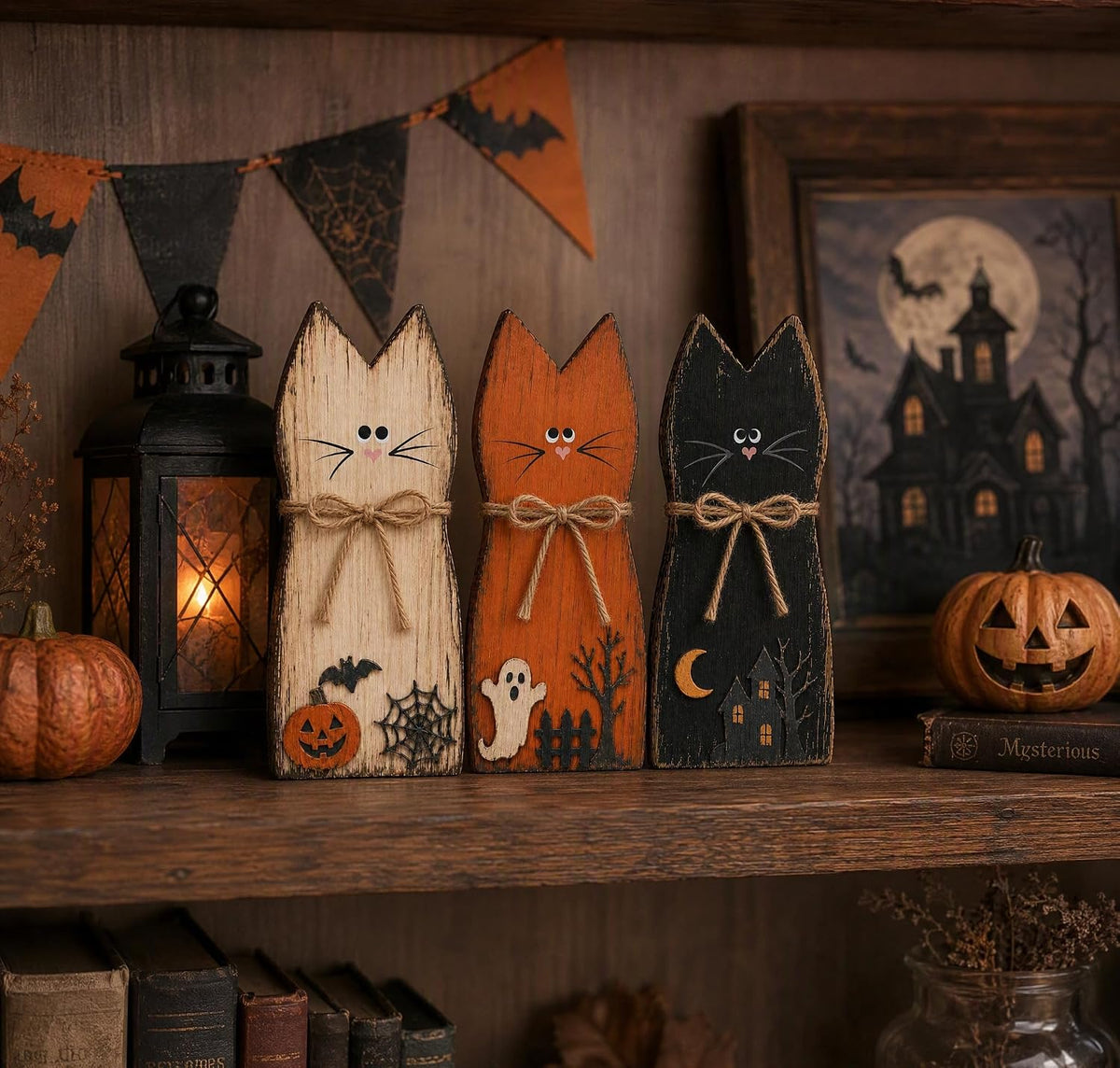 Vintage Halloween Decor Halloween Decorations Indoor Wooden Cats Table Signs for Home Office Farmhouse Kitchen Room Bedroom Mantel Tiered Tray Rustic Wood Signs Halloween Decor