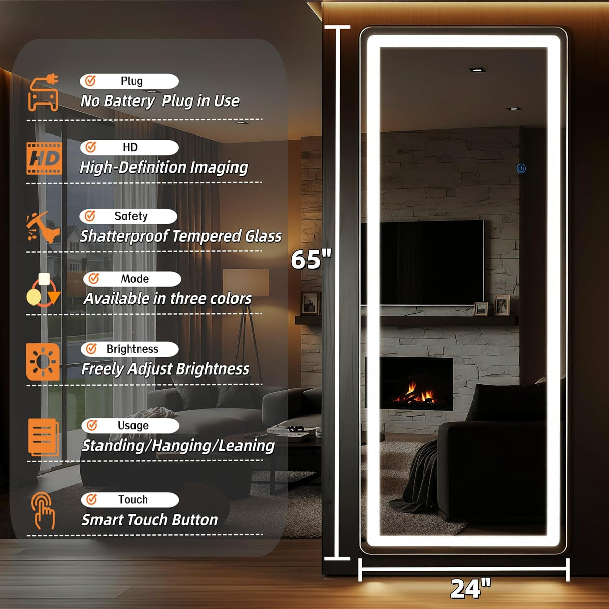 Full Length Mirror with LED Lights 65"x24"Rectangle Full body mirror with Stand Aluminum Alloy Frame, Tempered Glass Floor Mirror with Dimming&3 Color Lighting for Bedroom Dressing Room Silver