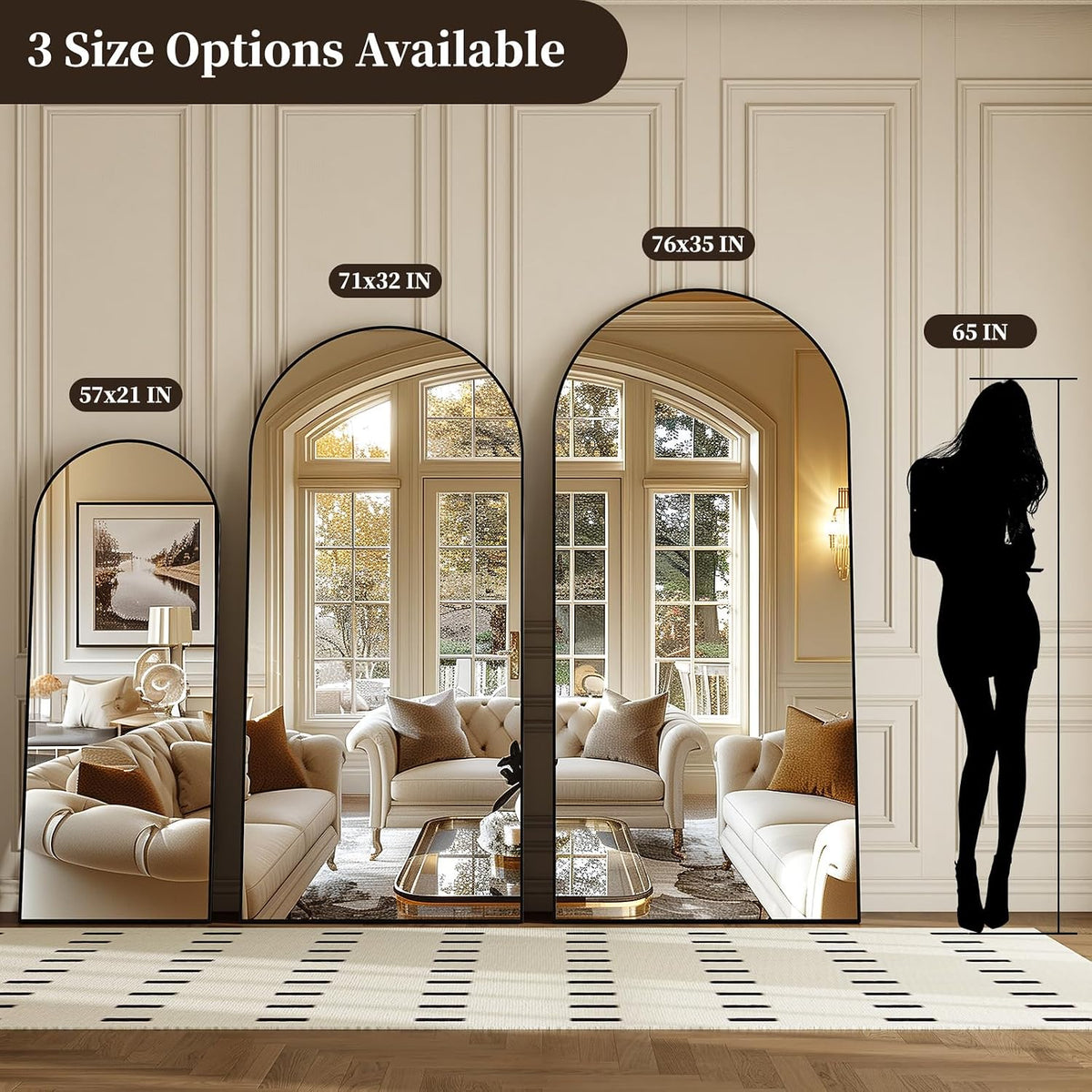 Krymnar 57"x21" Arched Full Length Mirror, Brushed Black Aluminum Frame Floor Mirror with Stand, HD Shatterproof Glass & Rust-Proof Body Mirror for Bedroom, Living Room, Bathroom, Entryway