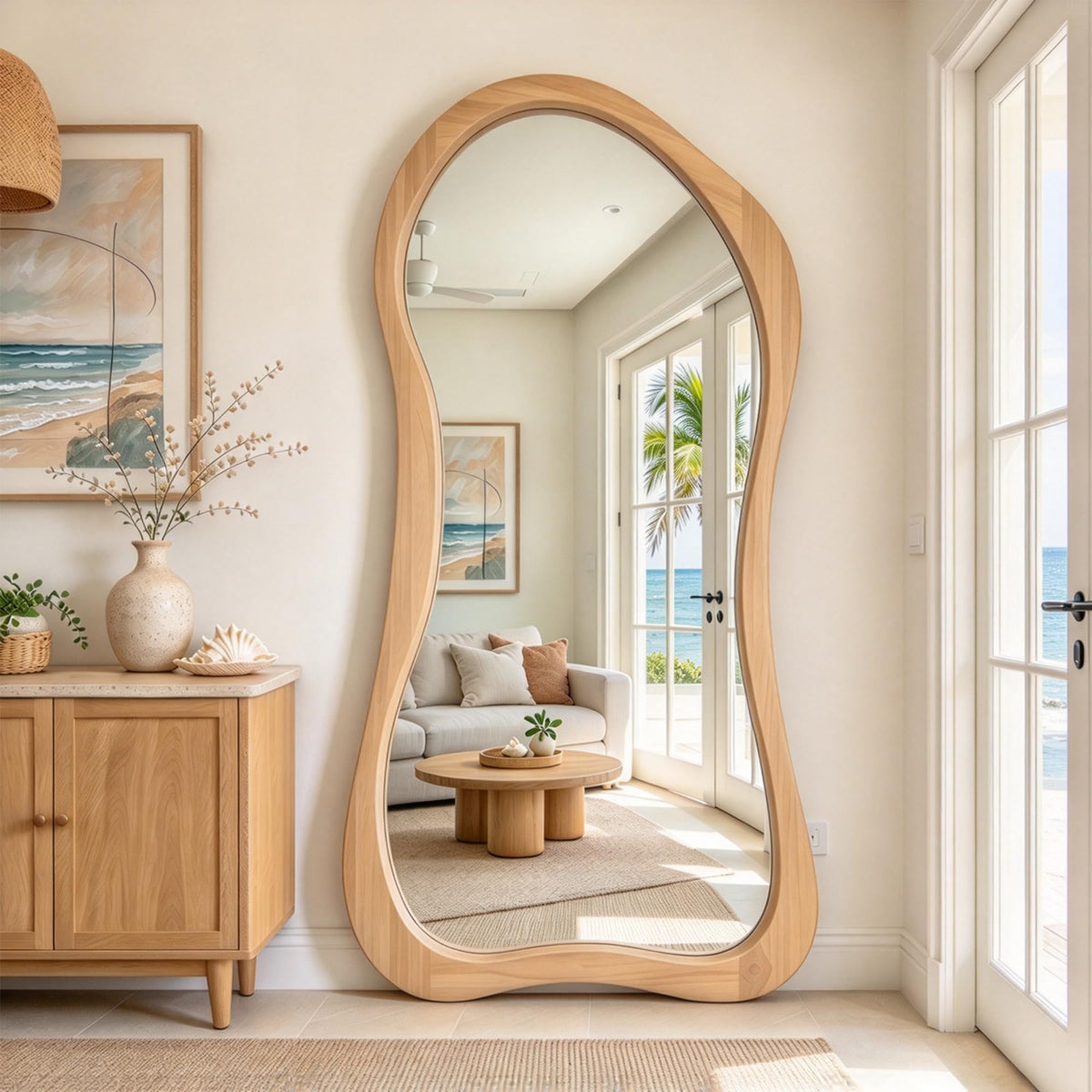 71"x33.5" Wavy Full Length Mirror with 3-Layer Solid Wood Frame