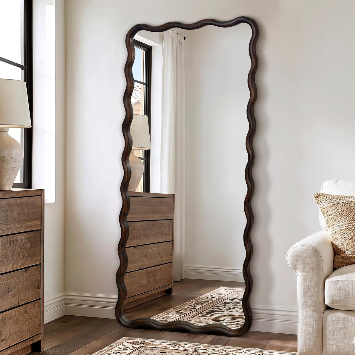 AMOISE Full Length Mirror, 56"x28" Boho Wavy Floor Mirror, Dark Brown
