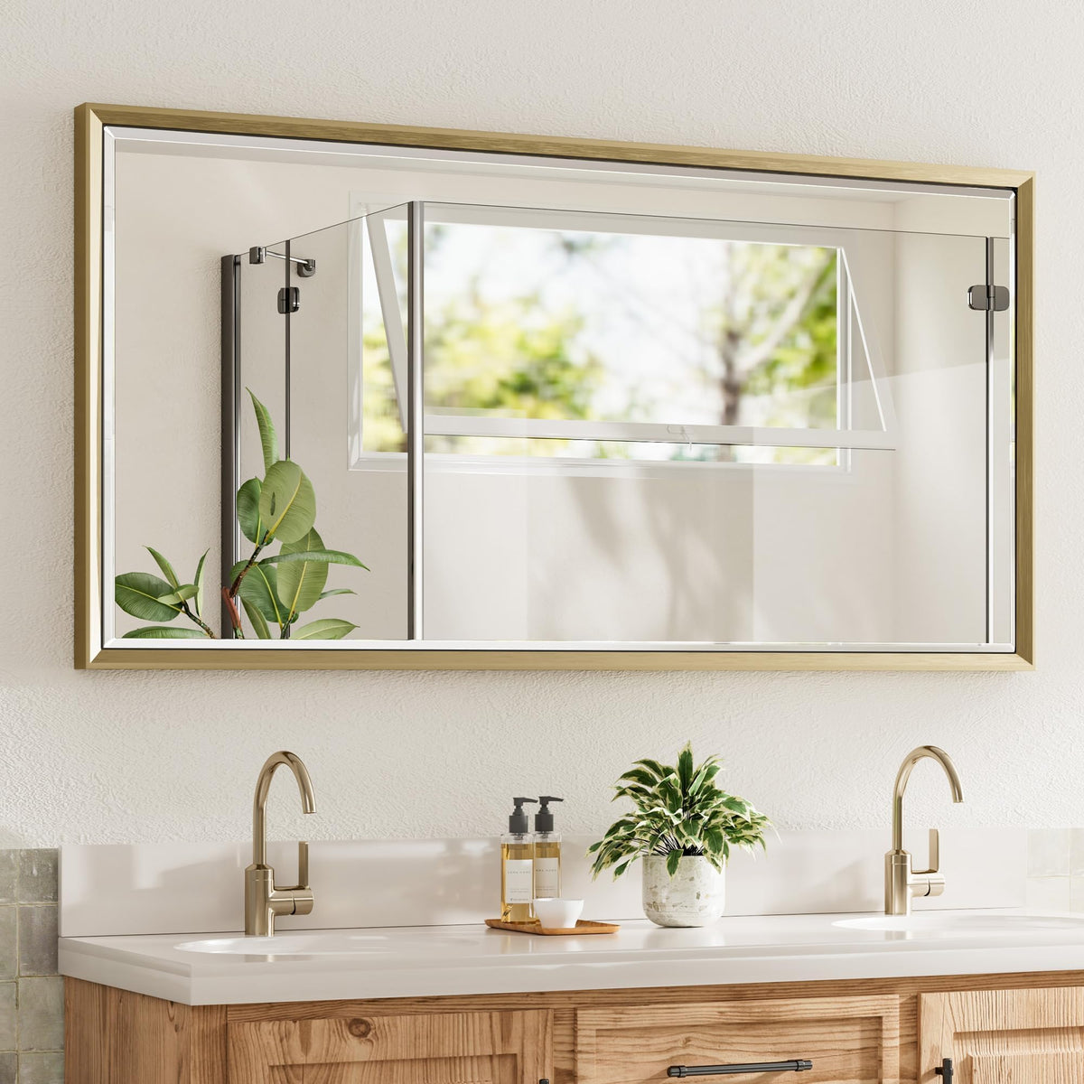 Brushed Nickel Bathroom Mirror, 24x32 Inch Beveled Framed Bathroom Mirror Anti-Rust, Brushed Nickel Metal Frame Bathroom Vanity Mirror for Wall, Vertical/Horizontal Wall-Mounted Mirrors