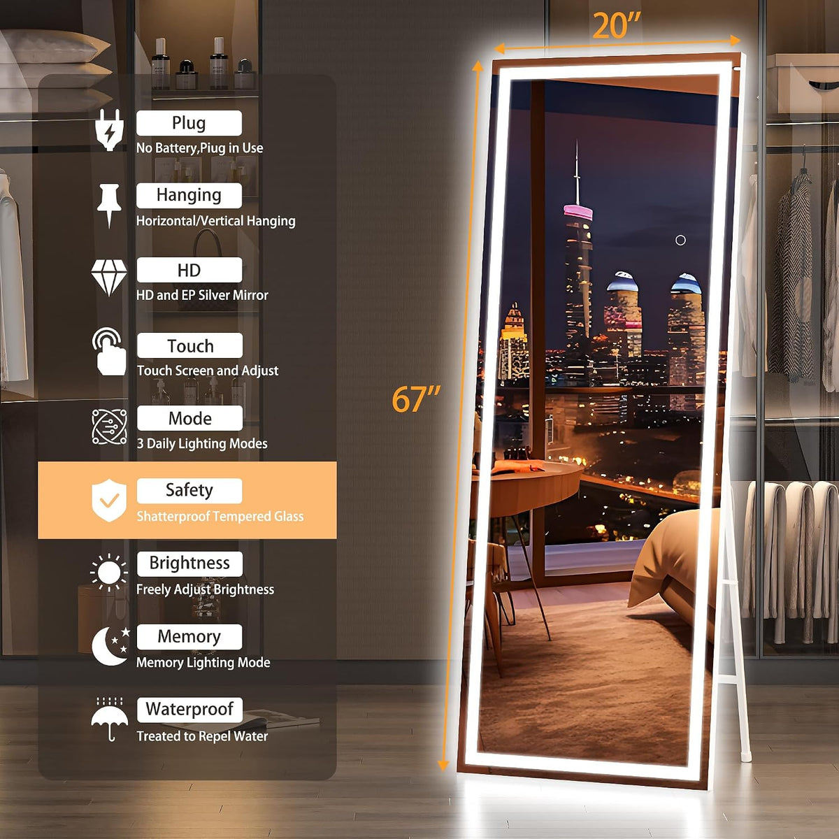 Hasipu Full Length Mirror with Lights, 67" x 20" LED Lighted Floor Standing, Full Body Dressing Hanging Mounted Mirror, Tempered Glass, Square White