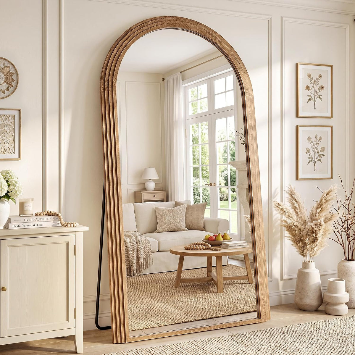 82"x44" Arched Full Length Mirror with Wide Wood Frame,Natural Wood