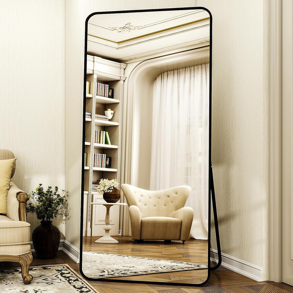 XRAMFY 76"x34" Floor Full Length Mirror Standing Full Body Rounded Corner Rectangle Mirrors with Stand Hanging Wall Mounted Leaning Bedroom Living Room Bedroom Cloakroom,Black