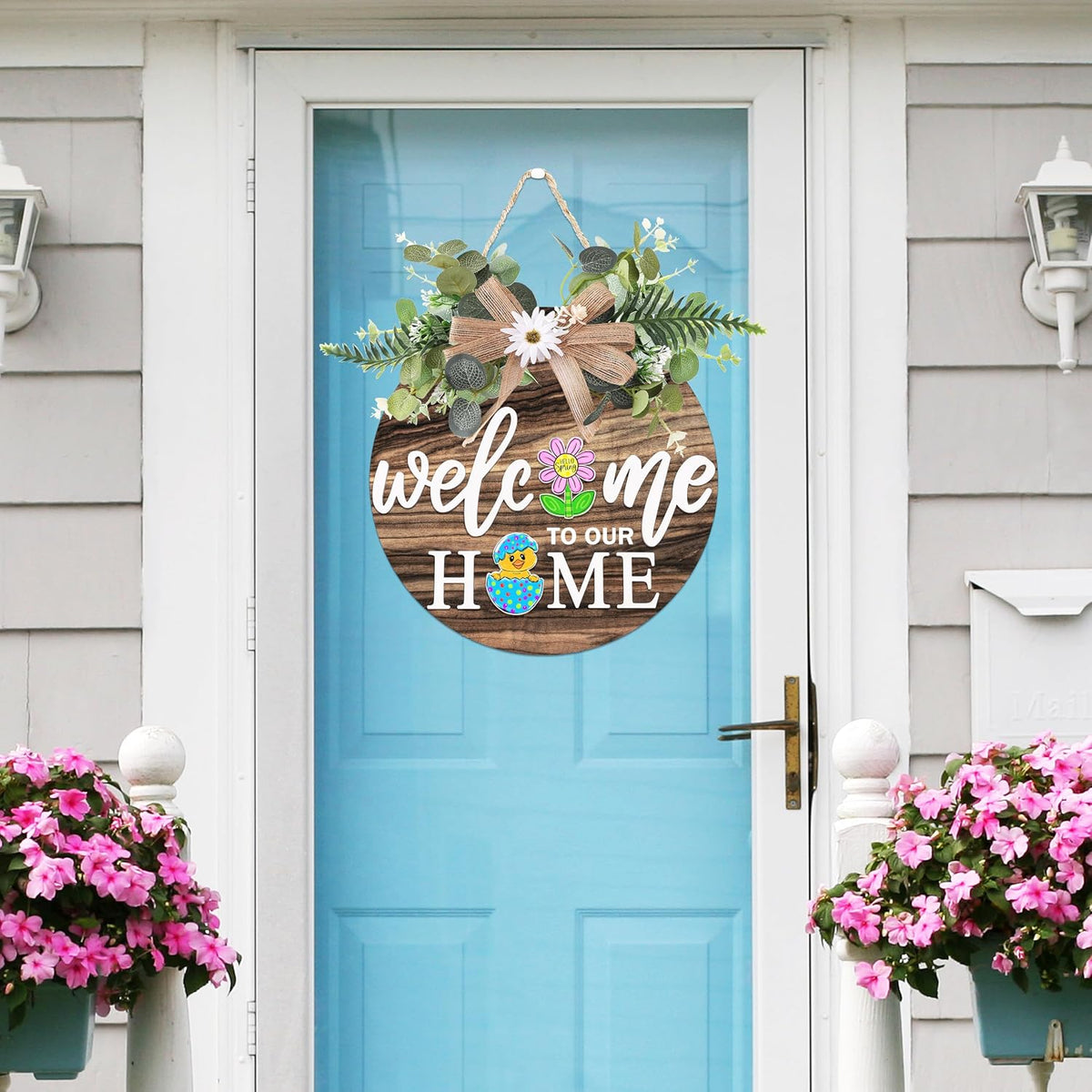 Interchangeable Welcome Sign for Front Door with 4 Seasonal Wreaths 21 Changeable Icons, Farmhouse Rustic Outdoor Welcome Signs Porch, Spring Winter Fall Decorations for Home House Warming Gifts