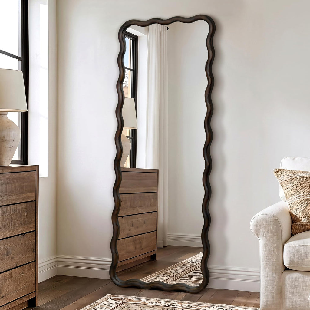 AMOISE Full Length Mirror, 56"x28" Boho Wavy Floor Mirror, Dark Brown