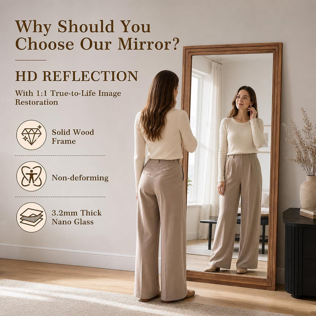 71"x32" Full Length Mirror, Large Wood Floor Mirror, Brown