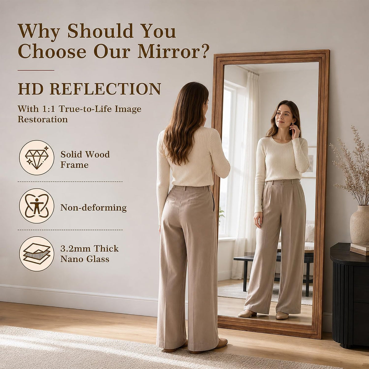 71"x32" Full Length Mirror, Large Wood Floor Mirror, Brown