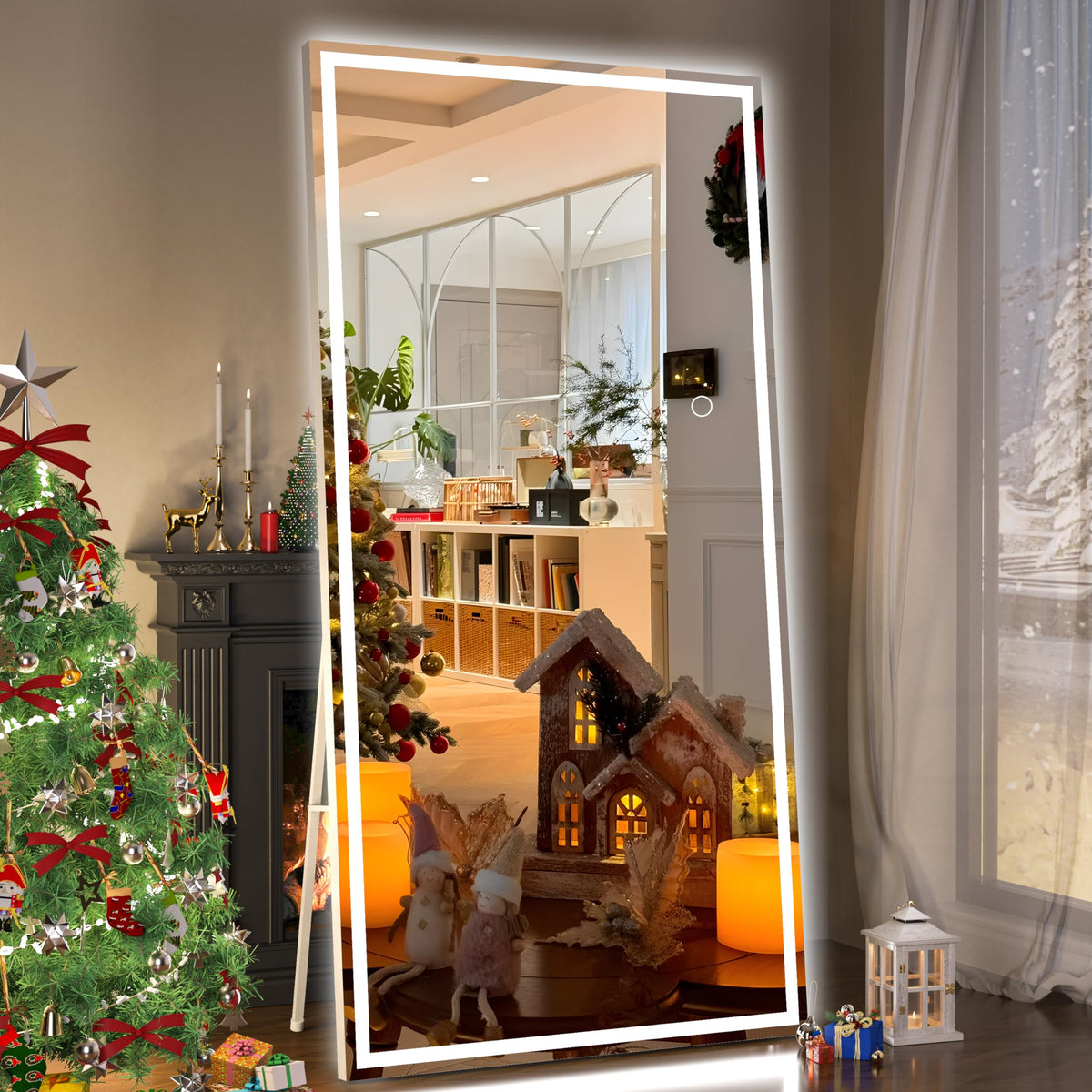 Hasipu Full Length Mirror with Lights, 67" x 20" LED Lighted Floor Standing, Full Body Dressing Hanging Mounted Mirror, Tempered Glass, Square White