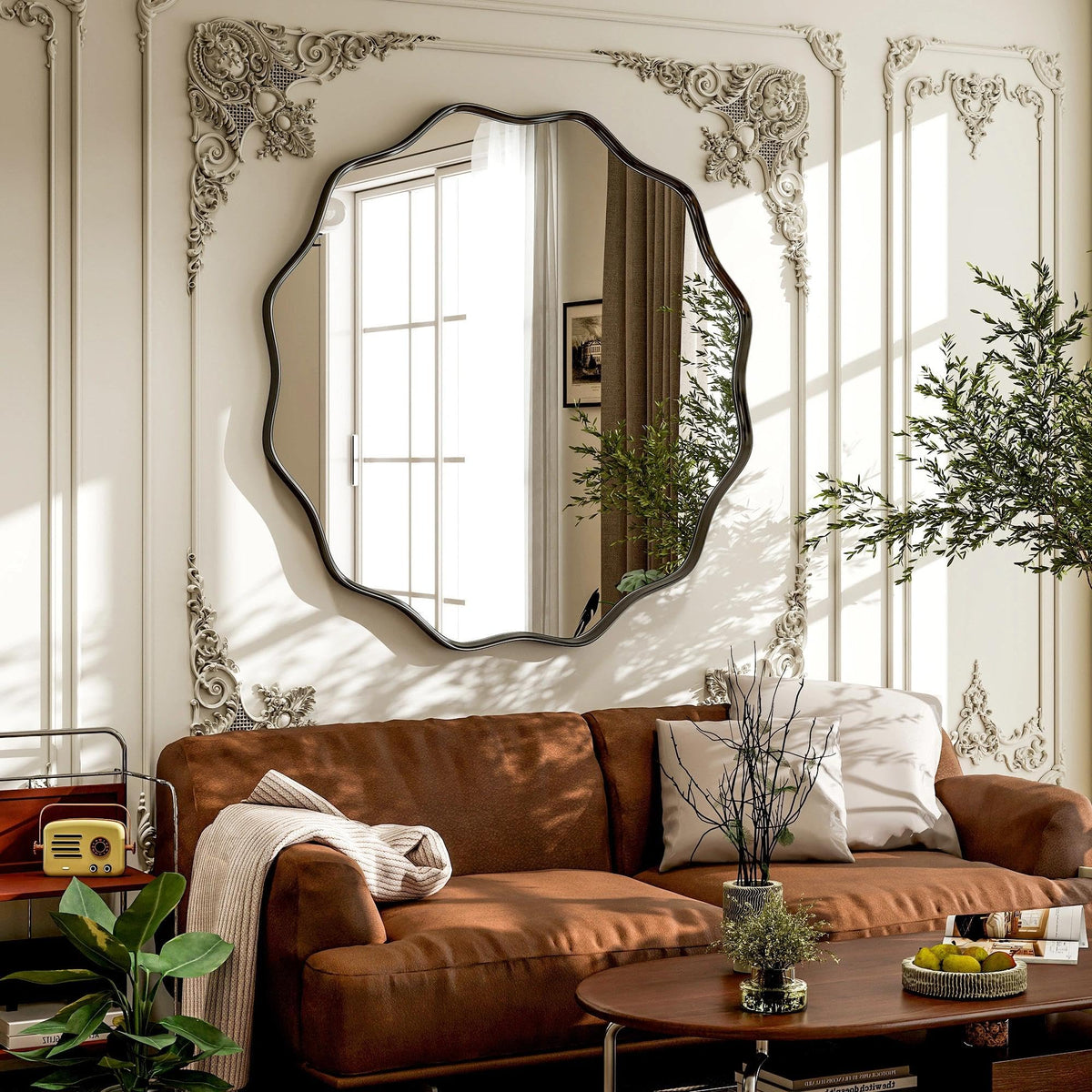 VooBang Gold Scalloped Circle Mirror, 24" Wavy Edge Round Wall Mirror