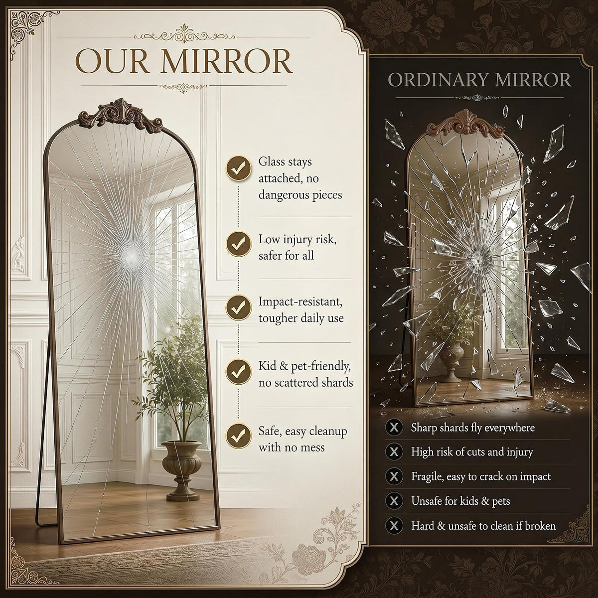 Antok Arched Full Length Mirror, 71"x28" Floor Mirror with Carved, Bronze