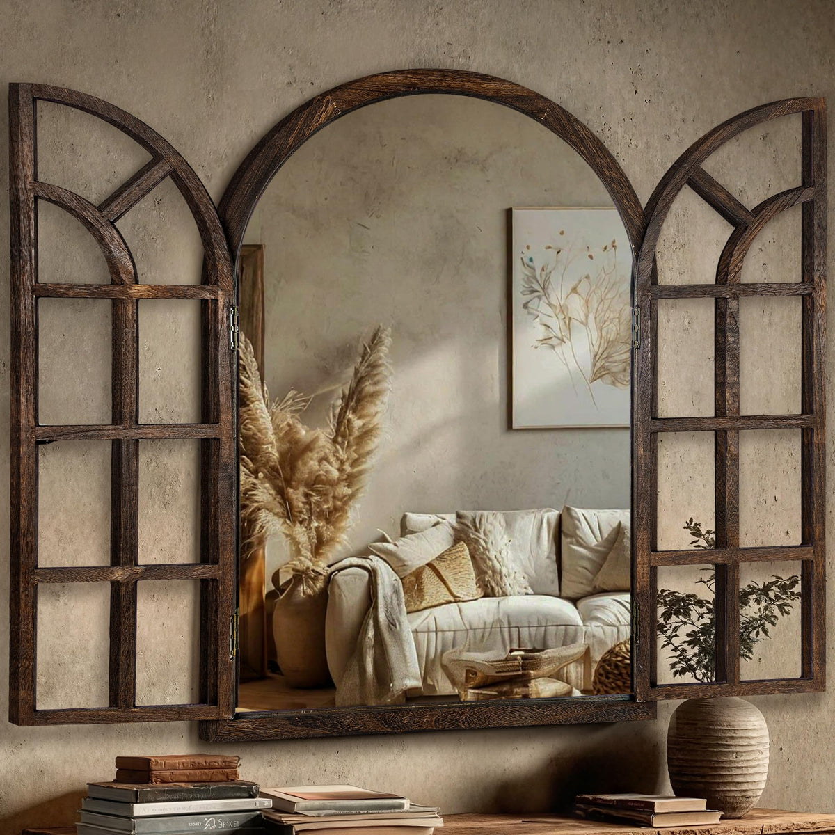 Farmhouse Window Mirror for Wall, 38”x26” Rustic Vintage Arch Mirror