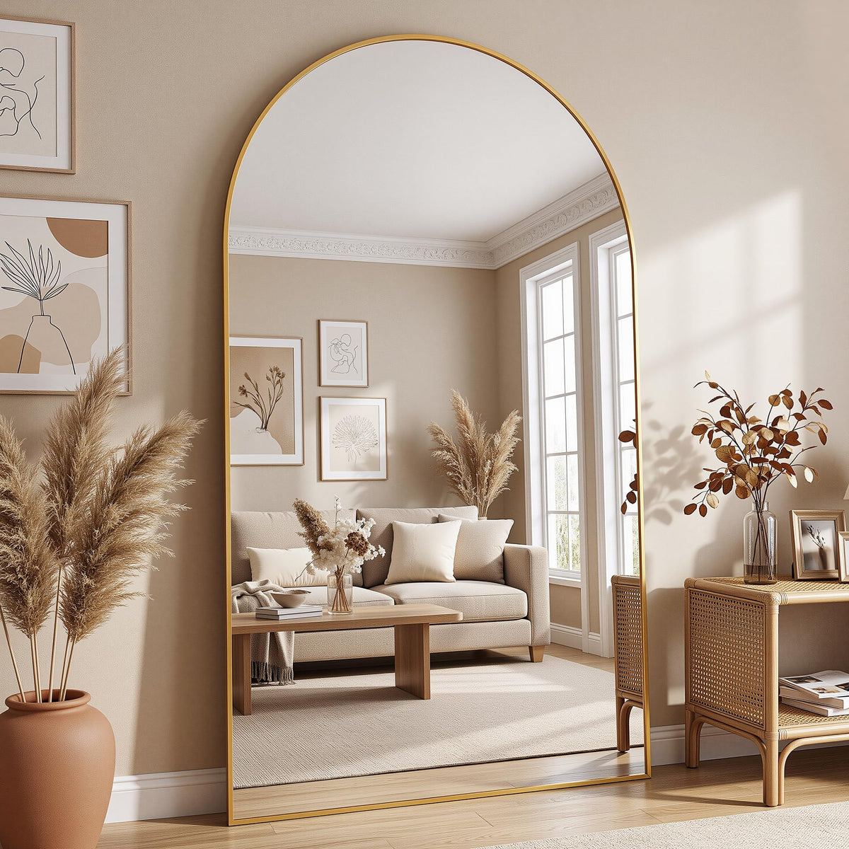Antok 58" x 20" Arched Full Length Floor Mirror, Aluminum Frame, Black