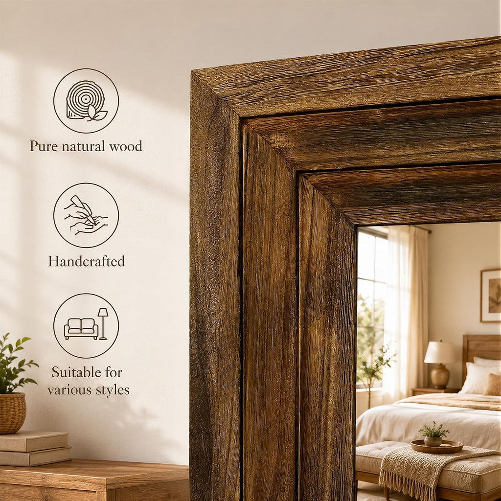 Full Length Mirror with Solid Wood Frame, 65"x22" Floor Mirror, Walnut