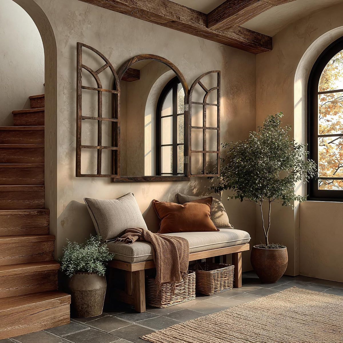 Farmhouse Window Mirror for Wall, 38”x26” Rustic Vintage Arch Mirror