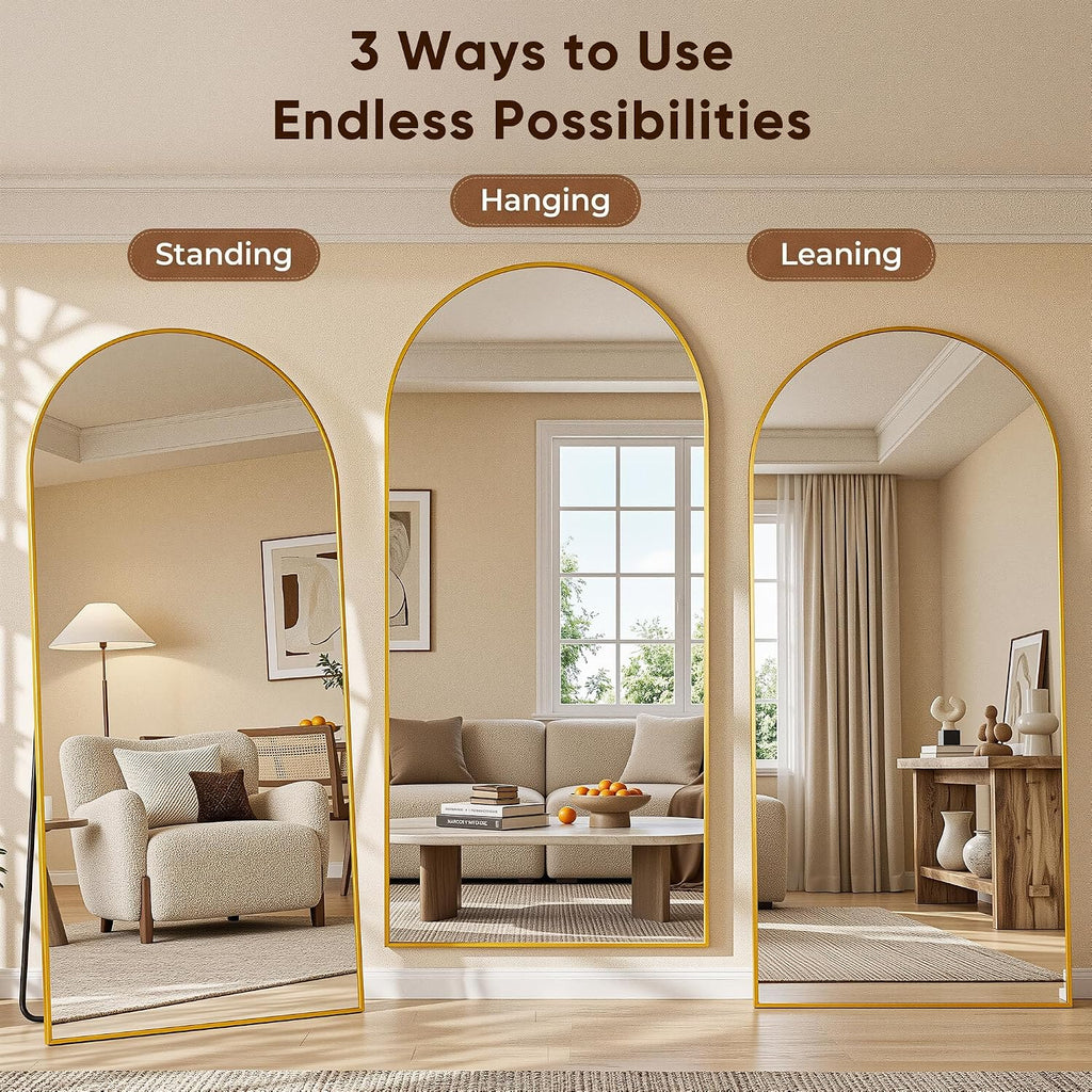 Full Length Mirror, 76"x34" Arched Floor Mirror, Gold