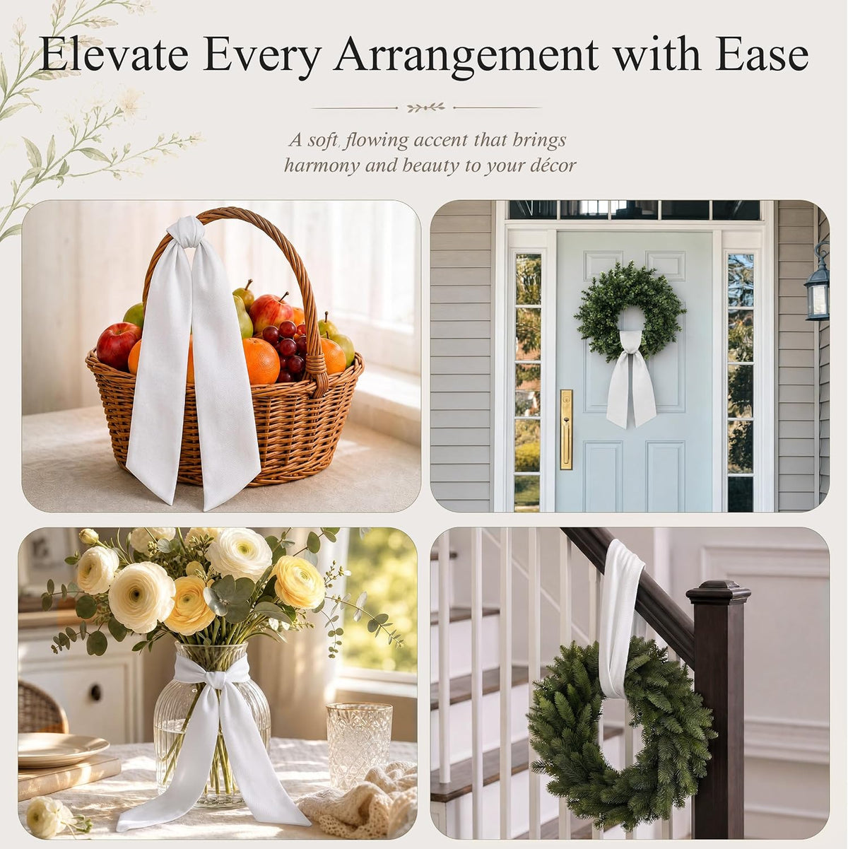 2 Pcs White Wreath Sash for Front Door, Embroidery Blank Wreath Sashes, Textured Twill Finish Sash Ribbon Accessories for Flower Bouquet Garland Yard Doorway Wedding Xmas, 4.9 x 57 Inches