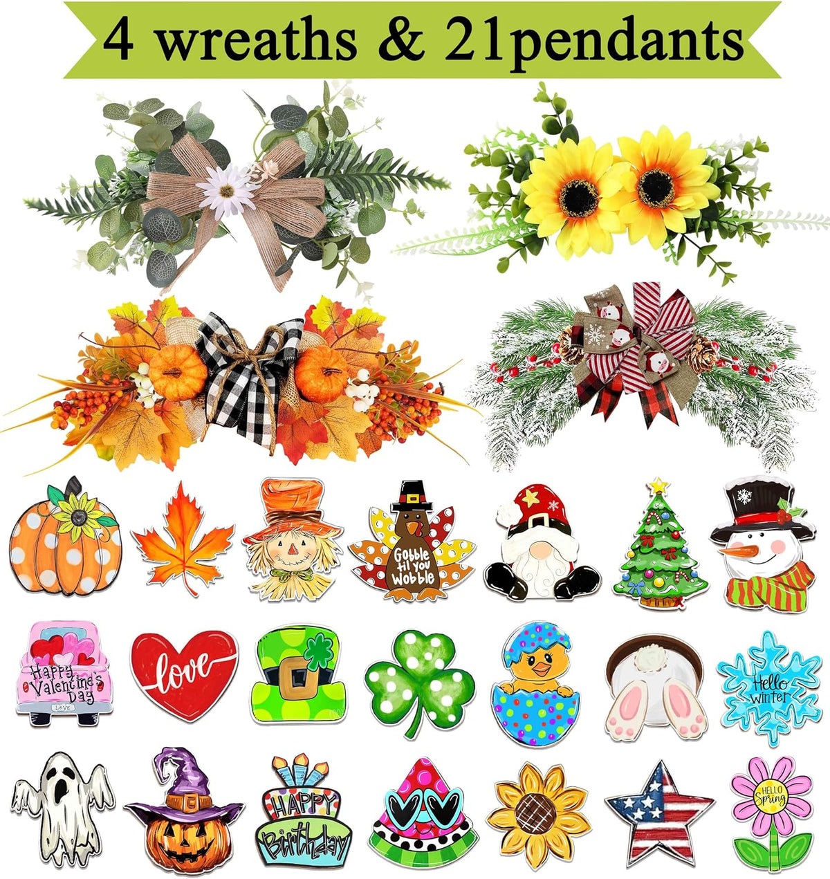 Interchangeable Welcome Sign for Front Door with 4 Seasonal Wreaths 21 Changeable Icons, Farmhouse Rustic Outdoor Welcome Signs Porch, Spring Winter Fall Decorations for Home House Warming Gifts