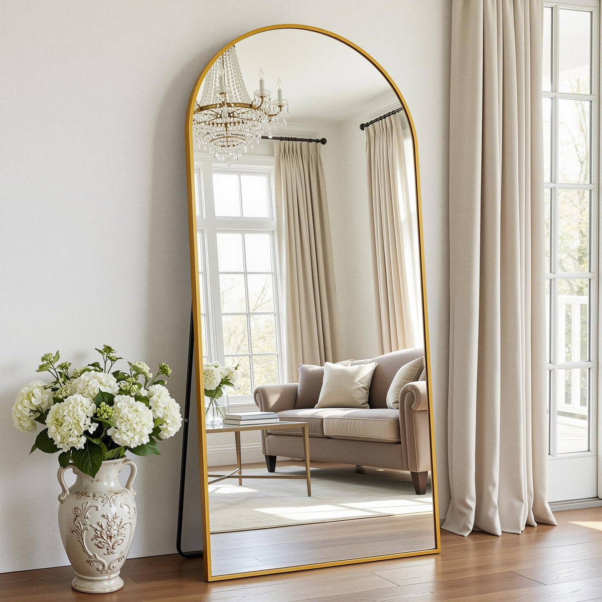 Antok 58" x 20" Arched Full Length Floor Mirror, Aluminum Frame, Black