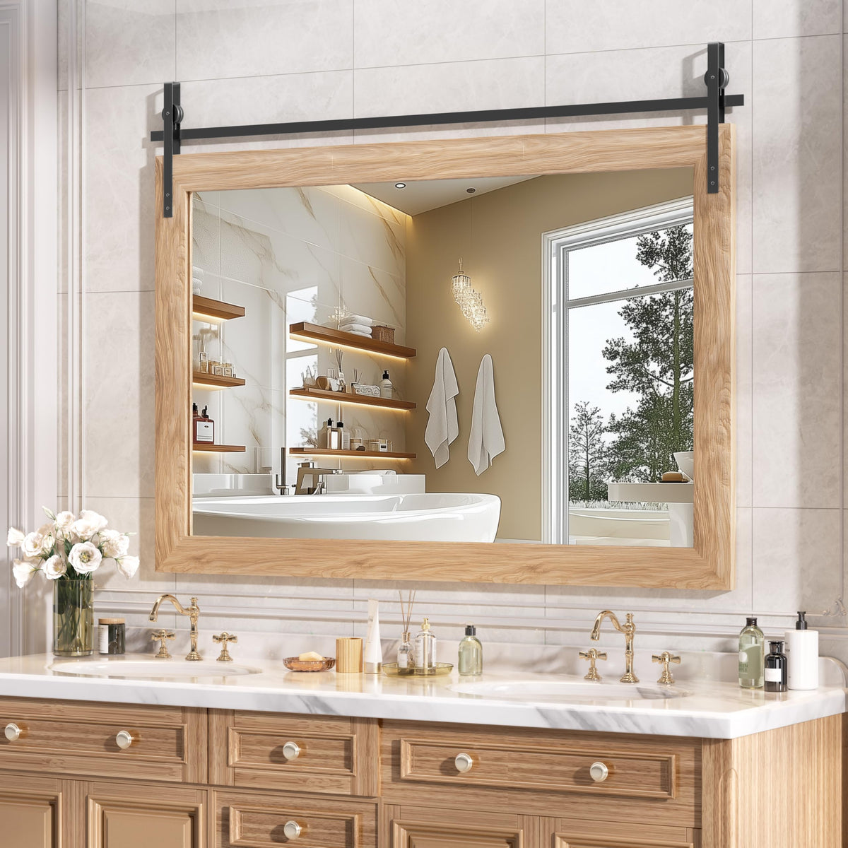 Hasipu Farmhouse Bathroom Mirror, 40"x26" Rustic Wood Framed Wall Mounted Mirror, Black Vintage Vanity Mirror Barn Door Style Decrative Mirrors