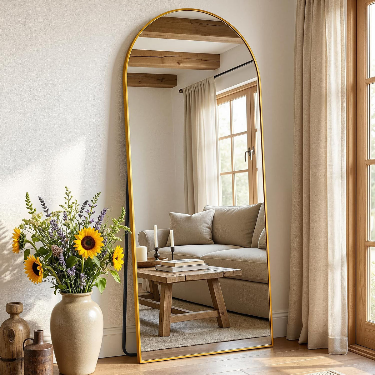 Antok 58" x 20" Arched Full Length Floor Mirror, Aluminum Frame, Black