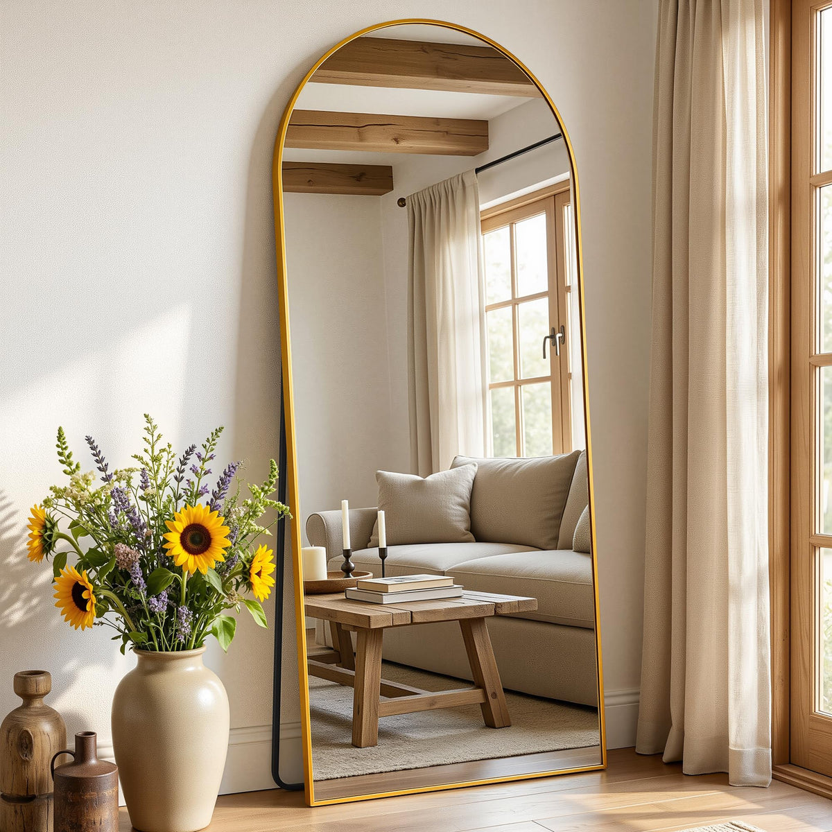 Antok 58" x 20" Arched Full Length Floor Mirror, Aluminum Frame, Black