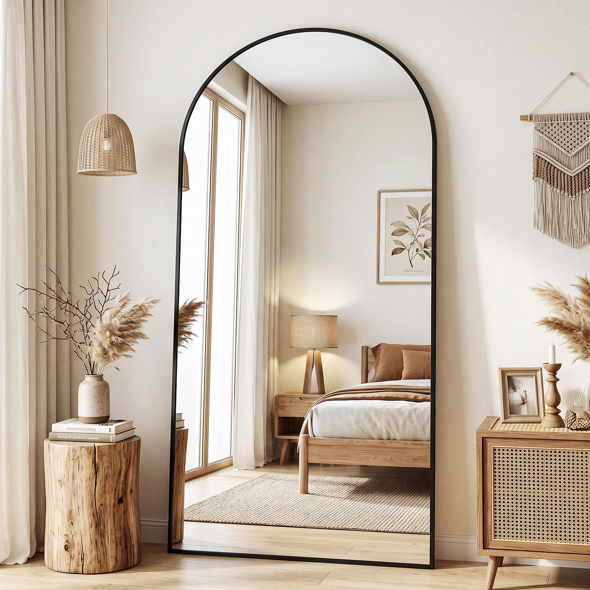 Antok 58" x 20" Arched Full Length Floor Mirror, Aluminum Frame, Black
