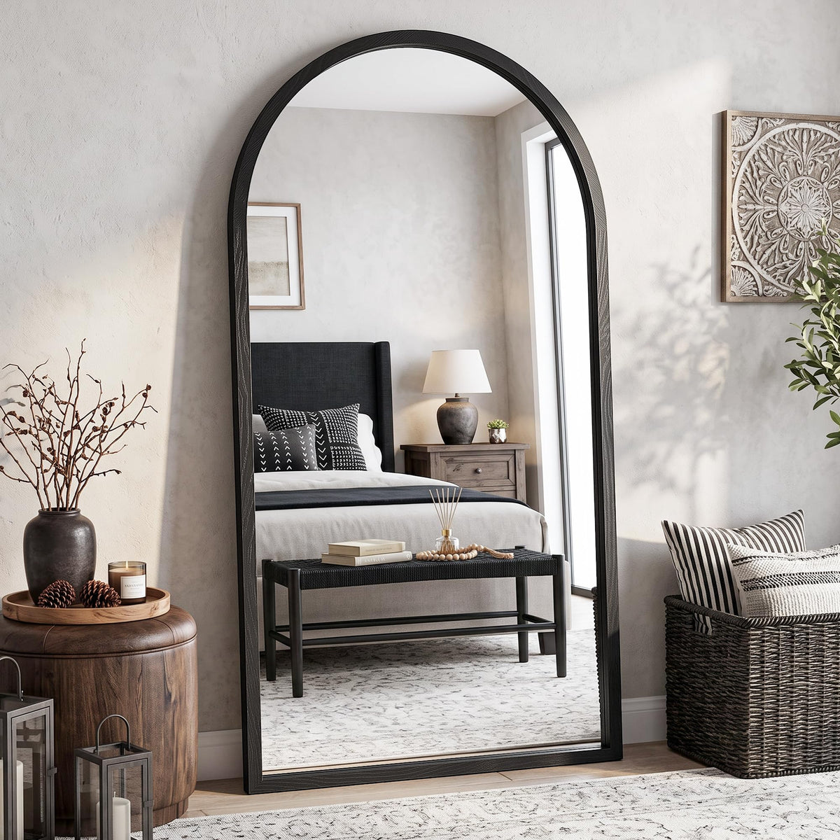 82"x44" Arched Full Length Mirror with Wide Wood Frame,Natural Wood