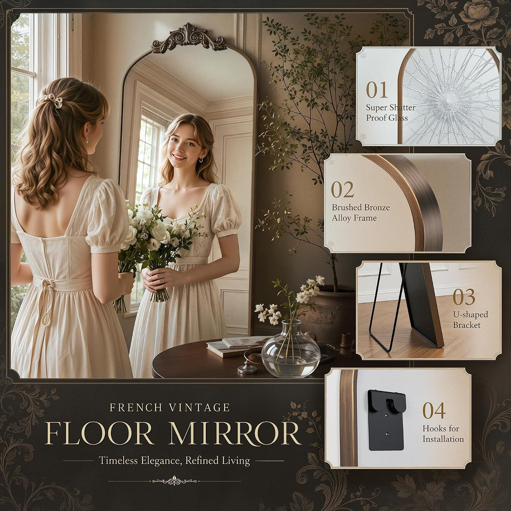 Antok Arched Full Length Mirror, 71"x28" Floor Mirror with Carved, Bronze