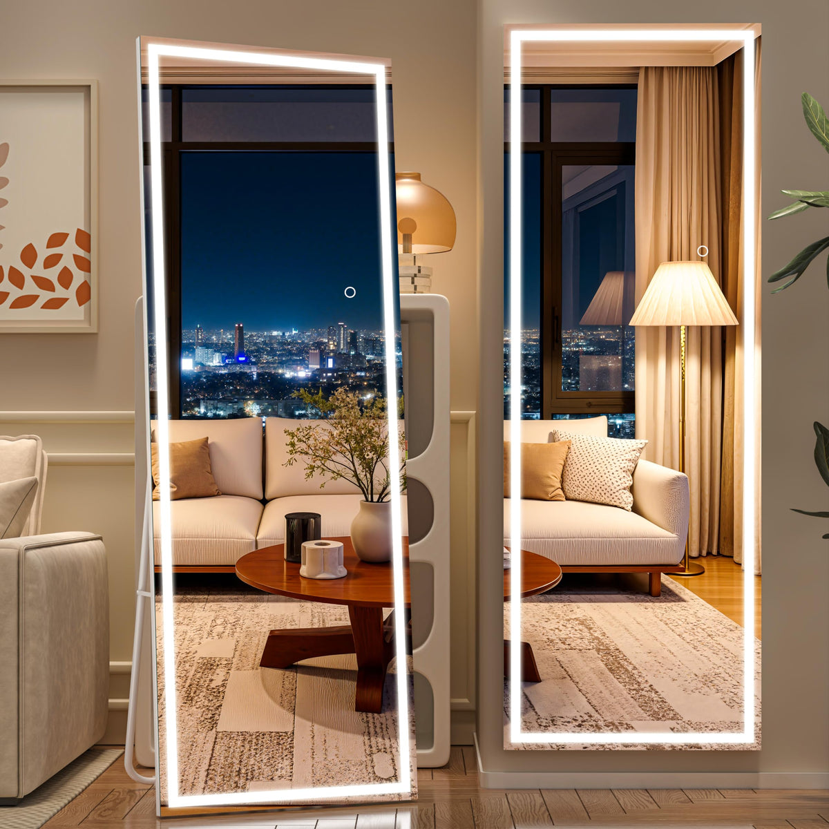 Hasipu Full Length Mirror with Lights, 67" x 20" LED Lighted Floor Standing, Full Body Dressing Hanging Mounted Mirror, Tempered Glass, Square White