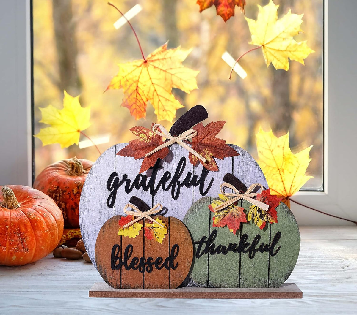 CYNOSA Fall Decorations for Home Blessed Grateful Thankful Fall Decor Wooden Pumpkin Tabletop Signs for Home Thanksgiving Farmhouse Living Room Harvest Autumn Decor