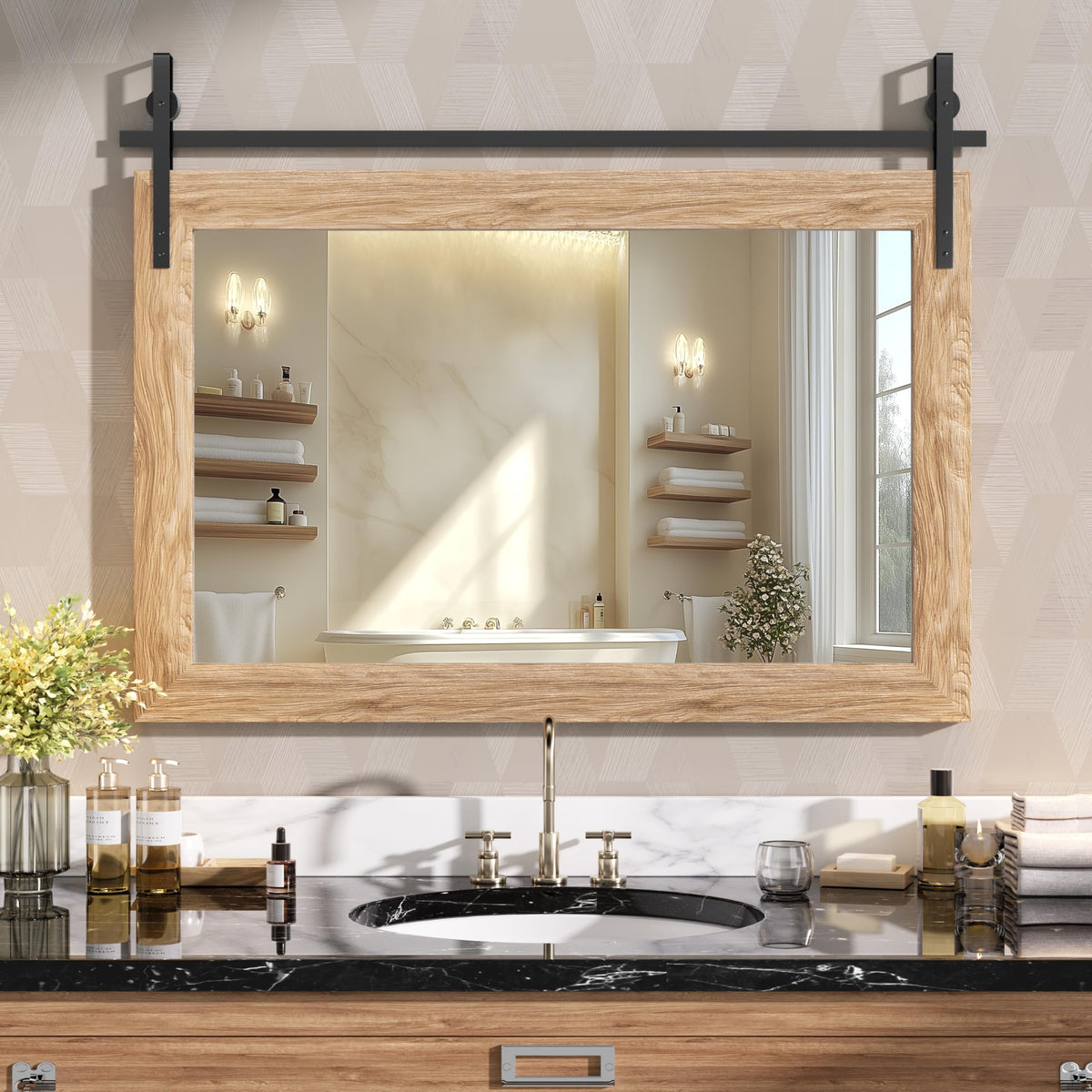 Hasipu Farmhouse Bathroom Mirror, 40"x26" Rustic Wood Framed Wall Mounted Mirror, Black Vintage Vanity Mirror Barn Door Style Decrative Mirrors