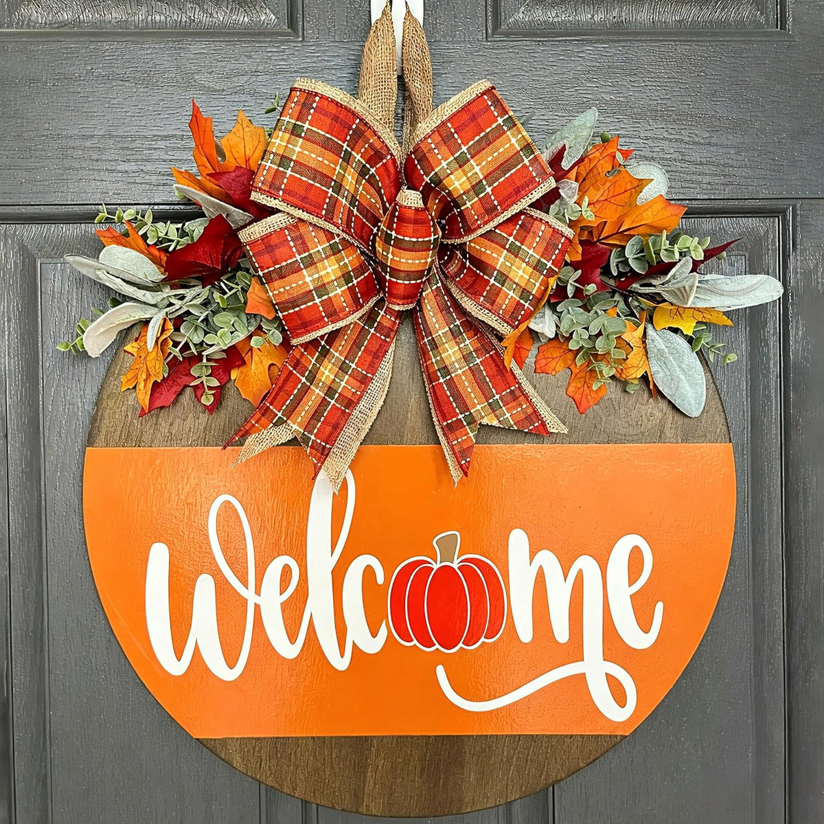 Fall Door Sign for Front Door, Wooden Welcome Hanger with Pumpkin Design, Plaid Bow and Autumn Leaves, Porch Entry Decor, Harvest Wreath Accent, Thanksgiving Decorations for Home and Covered Porch