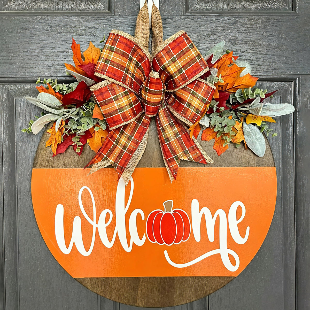 Fall Door Sign for Front Door, Wooden Welcome Hanger with Pumpkin Design, Plaid Bow and Autumn Leaves, Porch Entry Decor, Harvest Wreath Accent, Thanksgiving Decorations for Home and Covered Porch
