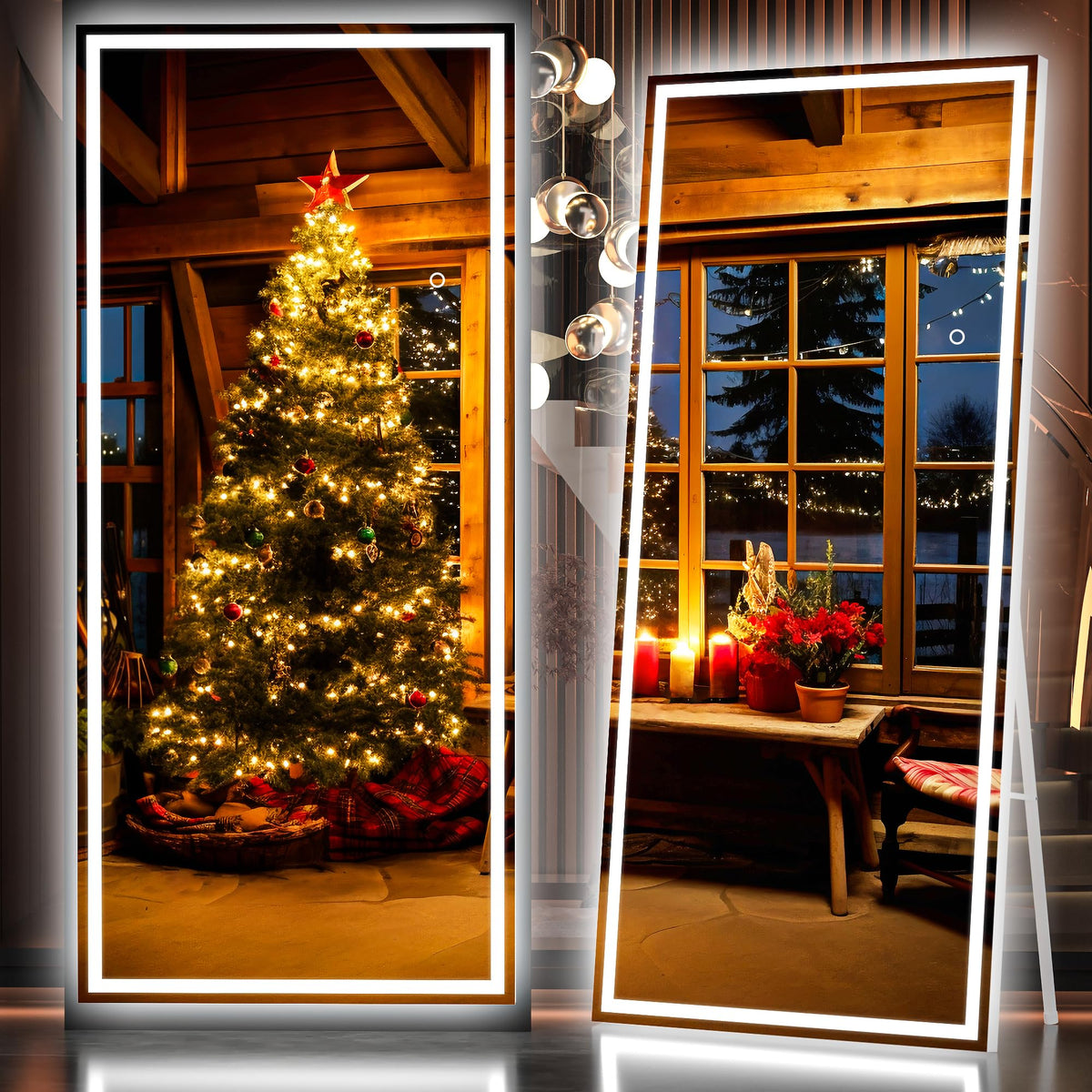 Hasipu Full Length Mirror with Lights, 67" x 20" LED Lighted Floor Standing, Full Body Dressing Hanging Mounted Mirror, Tempered Glass, Square White