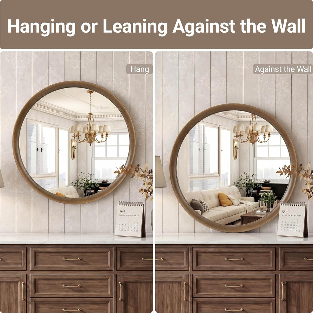 Brakki Round Wall Mirror with Wood Frame, 36" Circle Mirror for Bathroom