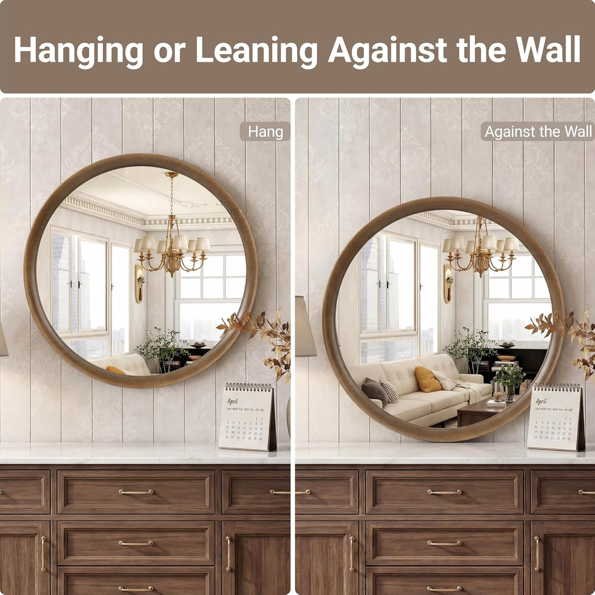Brakki Round Wall Mirror with Wood Frame, 36" Circle Mirror for Bathroom