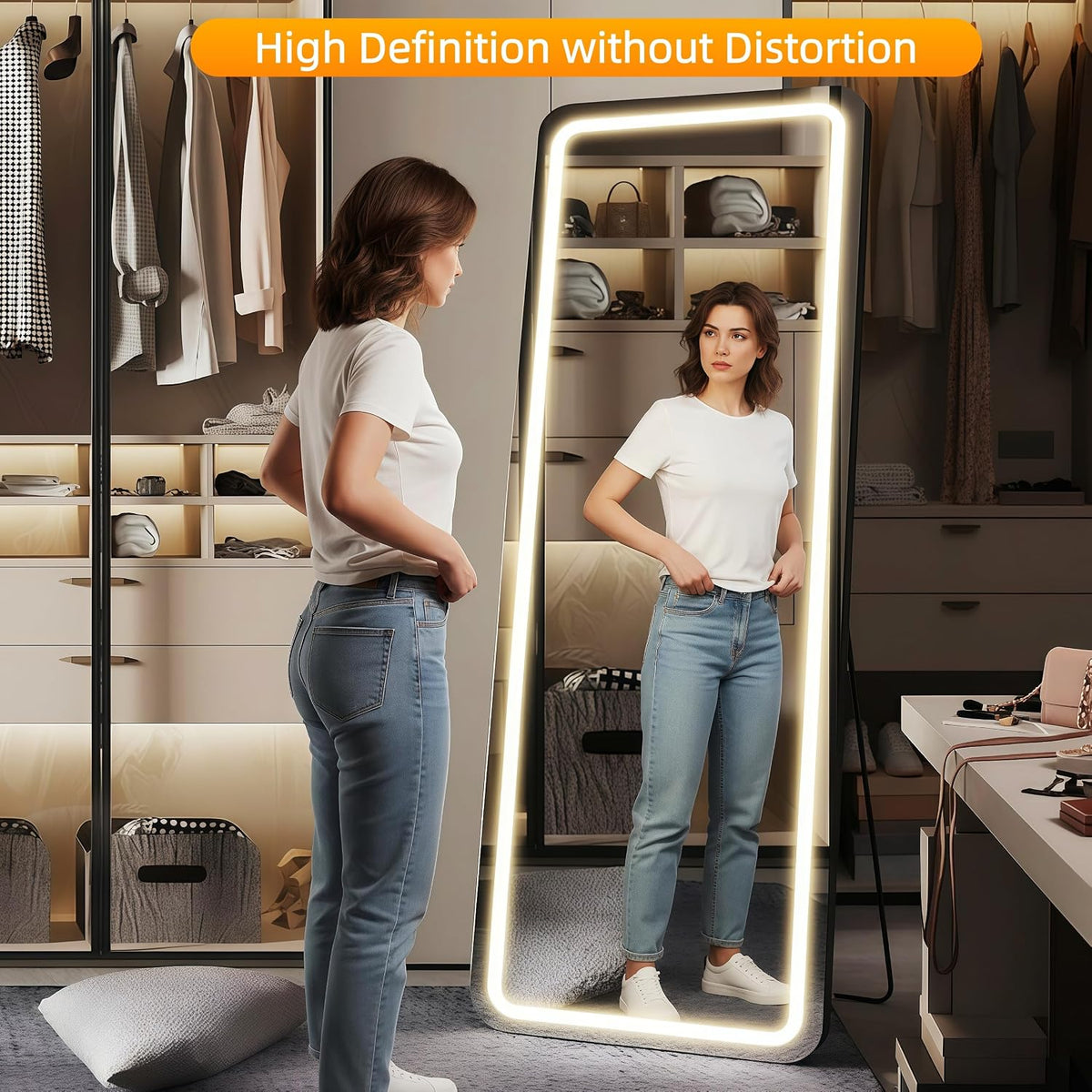 Full Length Mirror with LED Lights 65"x24"Rectangle Full body mirror with Stand Aluminum Alloy Frame, Tempered Glass Floor Mirror with Dimming&3 Color Lighting for Bedroom Dressing Room Silver