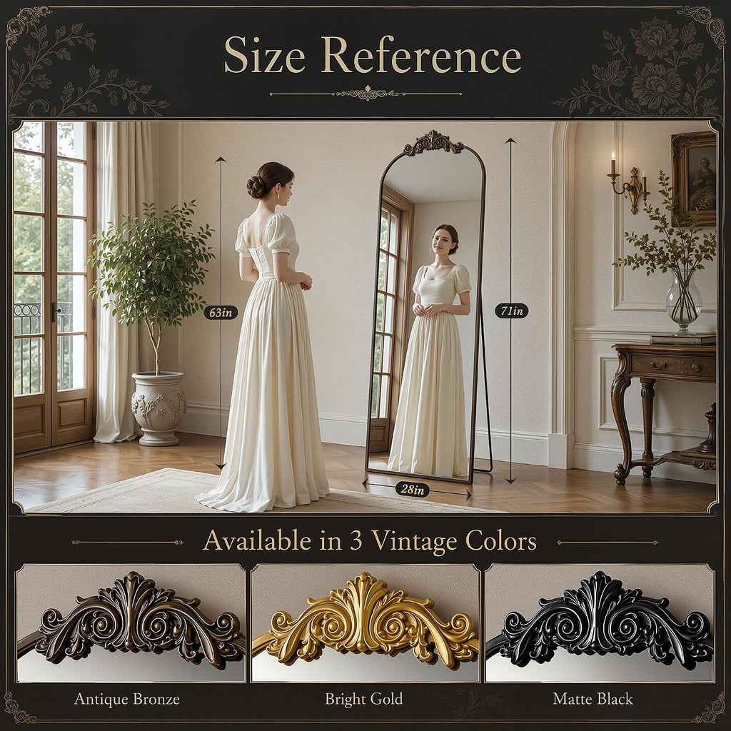 Antok Arched Full Length Mirror, 71"x28" Floor Mirror with Carved, Bronze