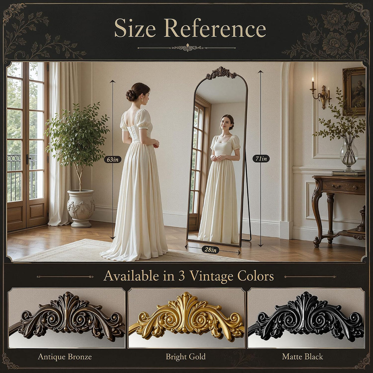 Antok Arched Full Length Mirror, 71"x28" Floor Mirror with Carved, Bronze