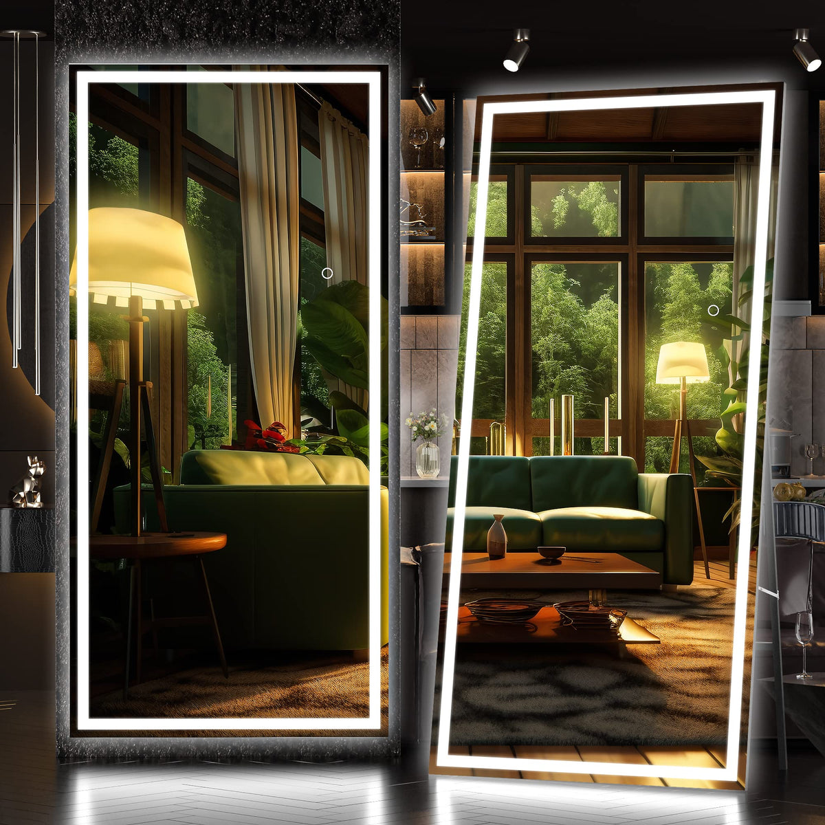 Hasipu Full Length Mirror with Lights, 67" x 20" LED Lighted Floor Standing, Full Body Dressing Hanging Mounted Mirror, Tempered Glass, Square White