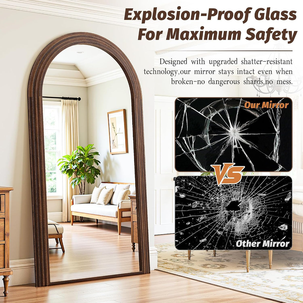 Antok Full Length Mirror 82"×44" Floor Mirror Standing Tall Mirror, Arched Stand up Large Wall Mirrors, Freestanding Full Body Mirrors for Bedroom Living Room Wood Vintage Style Nature