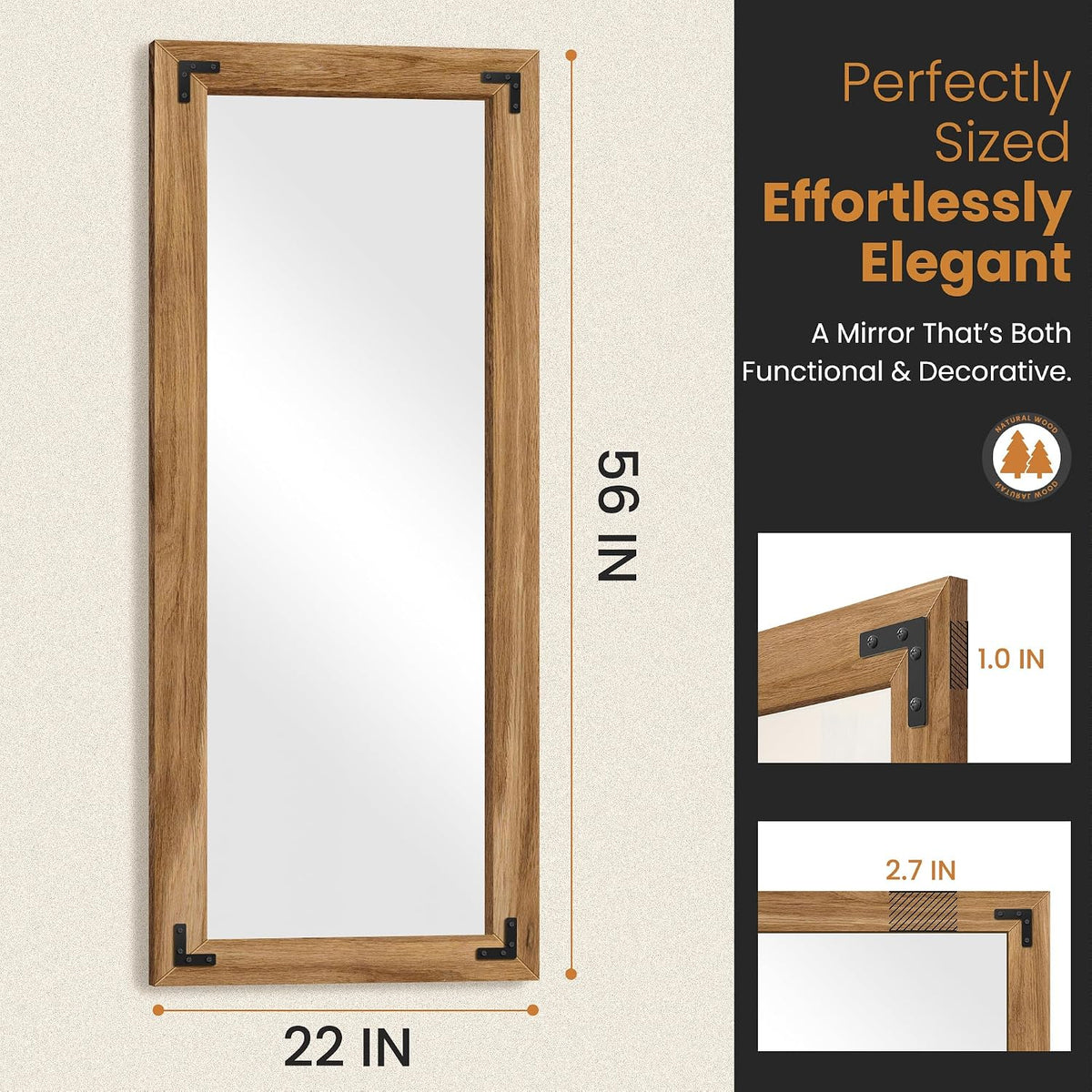 Wood Framed Full Length Mirror for Wall, 56"X22" Floor Standing Body Mirror