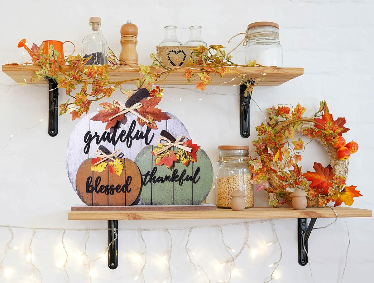 CYNOSA Fall Decorations for Home Blessed Grateful Thankful Fall Decor Wooden Pumpkin Tabletop Signs for Home Thanksgiving Farmhouse Living Room Harvest Autumn Decor