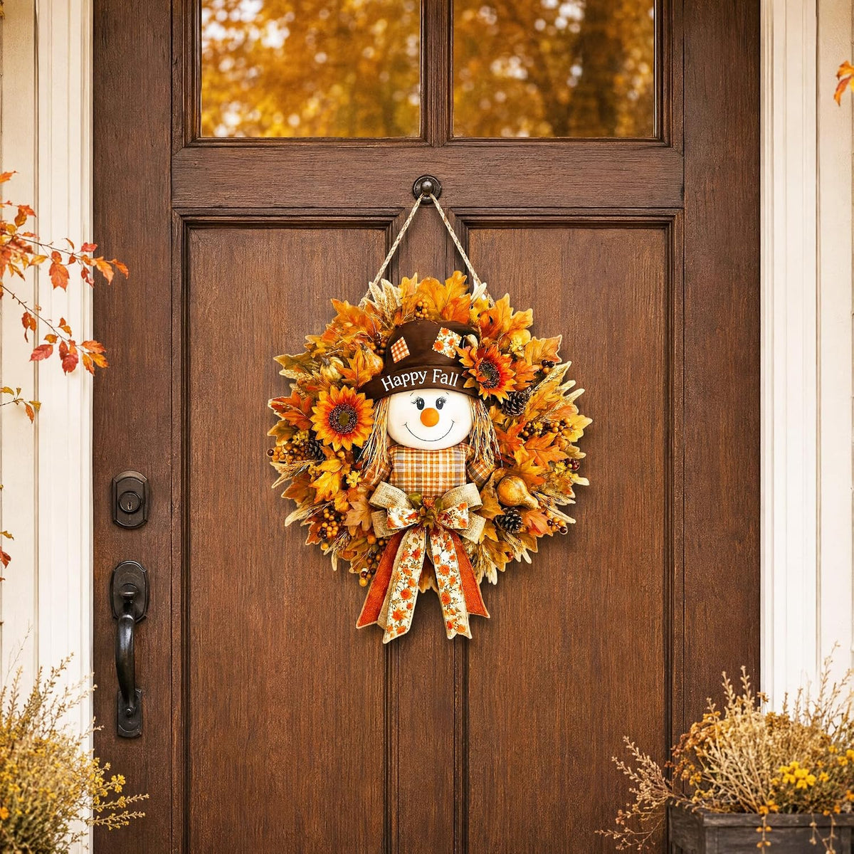 Fall Decorations for Home Wooden Fall Decor Scarecrow Door Wreath for Front Door Farmhouse Scarecrow Maple Leaf Welcome Sign Door Hanger for Autumn Harvest Thanksgiving Outdoor Indoor Wall Home Decor